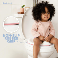 Jool Baby potty training seat fits round and oval toilets for flexibility.