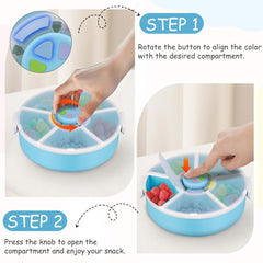 Opening lid features color matching design for easy snack access.