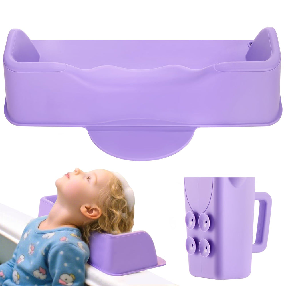 Joy Anan hair-washing-station-kids-basin-sink keeps water off eyes for tear-free washing.