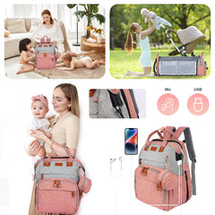 JOYCE diaper bag backpack showing large capacity with 19 pockets for baby essentials.