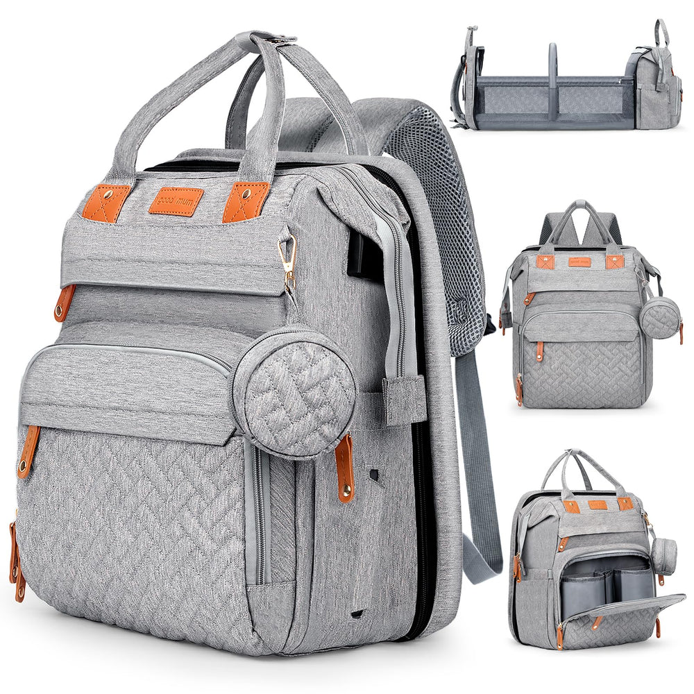 JOYCE diaper bag grey with changing table for quick on-the-go diaper changes.