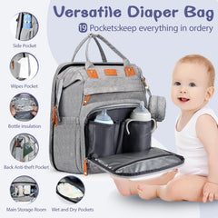 JOYCE diaper bag grey with 19 pockets keeps baby essentials organized.