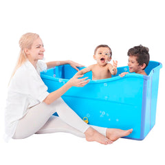Joyingbaby large foldable bathtub folded for compact storage and portability.