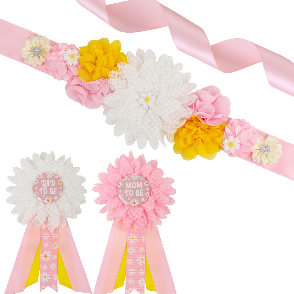 JOYMEMO pink daisy maternity sash shown with boho styling for baby shower photos