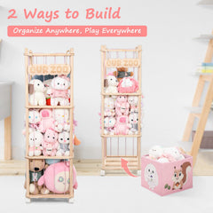 JoyPcsTable wooden toy organizer on wheels enables quick room-to-room repositioning.