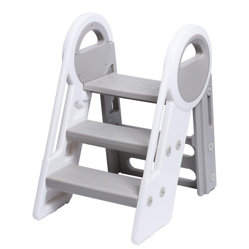 JoyrChld Step Ladder 3-Step grey front view helps toddlers reach counters safely