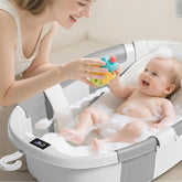 JoyYum collapsible baby bathtub with hanging hook for quick drying and tidy storage.