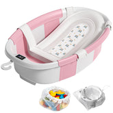 JoyYum collapsible baby bathtub folded for compact storage and travel.
