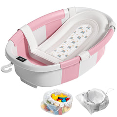 JoyYum collapsible baby bathtub folded for compact storage and travel.