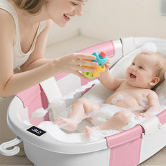JoyYum digital thermometer displays bathwater temperature for infant comfort.