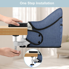 JOZZVE Hook On High Chair storage pocket back keeps bibs and utensils organized.