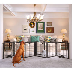 JSB dog gate fully extended across a wide hallway for safe pet passage.