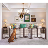 JSB dog gate shows the 144-inch open width in a rich espresso finish for wide spaces.