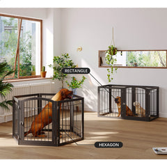 JSB dog gate folded for compact storage, saving space between uses.