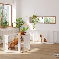 JSB freestanding round-tube gate stands securely in a hall