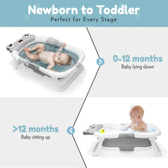 JT Cosas collapsible bathtub with mesh seat enables comfy newborn soaks.