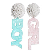 JTRF gender reveal earrings in blue and pink, close-up for vibrant party photos