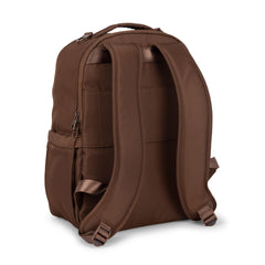 JuJuBe Espresso diaper backpack open showing changing pad and nested pockets.