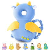 JunNeng baby head protector backpack, blue dinosaur, front view showing cushioned protection for tiny walkers.