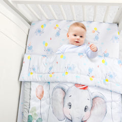 Jundetye elephant pattern bedding stimulates imagination in a soft gray-blue theme.