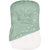 Jundetye newborn lounger cover in sage green with dandelion print closeup showing the soft fabric.