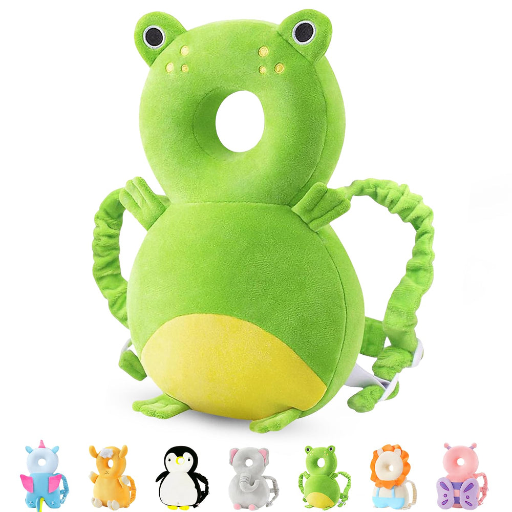JunNeng frog head protector backpack on baby cushions bumps during walking