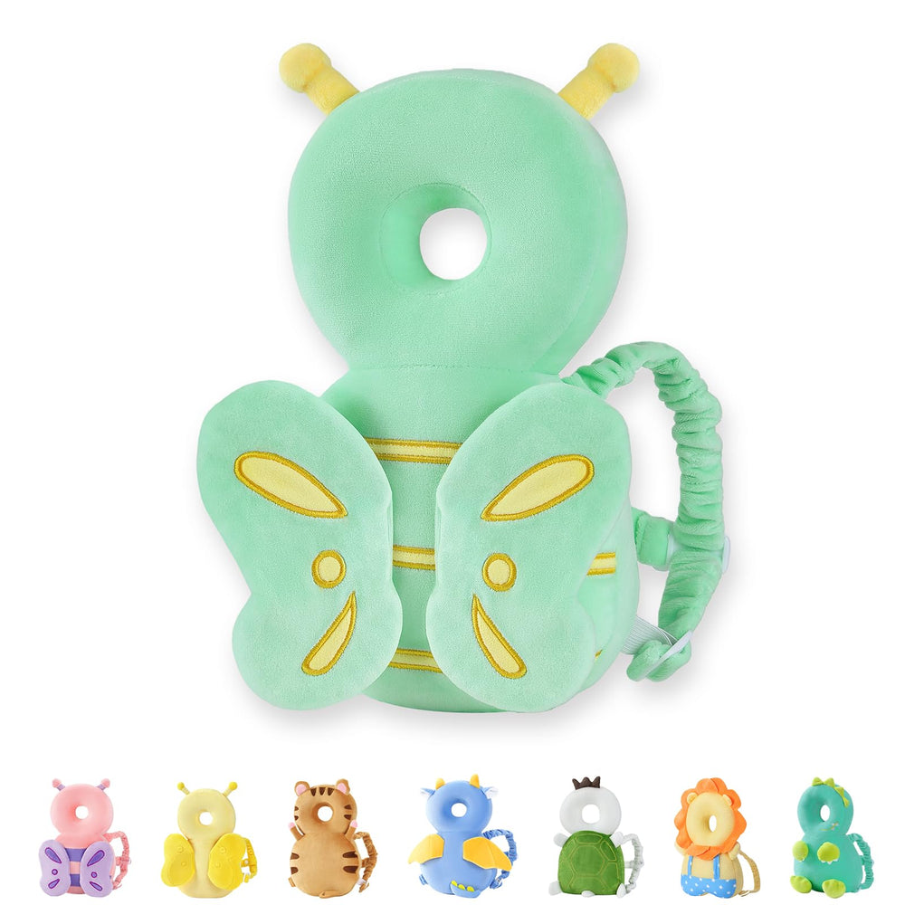 JunNeng head protector backpack with green butterfly, gentle padding for curious toddlers.