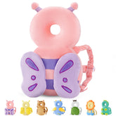 JunNeng pink butterfly head protector backpack on a baby during early steps for protection