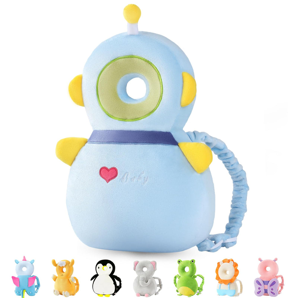 JunNeng baby head protector backpack, robot blue with soft plush padding.