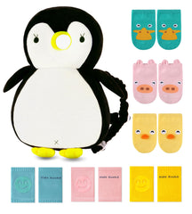 JunNeng Penguin head protector backpack on toddler during first steps for gentle protection.