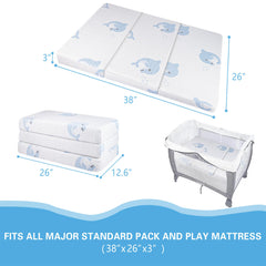 JUNYOHOA Trifold Pack and Play Mattress blue side promotes toddler comfort with cooling memory foam.