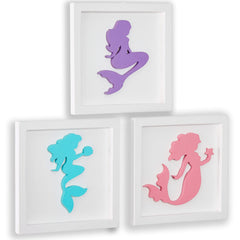 JunyRuny 3D mermaid wall art set in wooden frames adds color to a girl's bedroom.