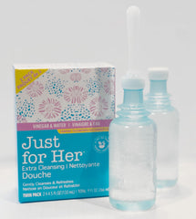 Just for Her Extra Cleansing Douche twin-pack bottle pour shown for easy use