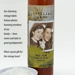 Bay Rum scented Just Like Jane lotion bottle for a classic barbershop mood.