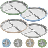 JVEOO stainless steel toddler plates with suction base on table for mess-free meals