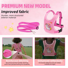 JXM safety walking harness pink side view with reflective details for visibility.