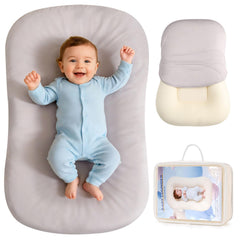Jylvo Baby Lounger gray side view, secure supervised lounging for newborns