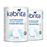 Kabrita goat milk formula packaging highlights non-GMO ingredients for infants.