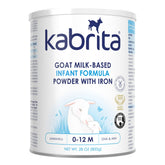 Kabrita goat milk infant formula tin shows 28 oz packaging for iron-rich feeding.