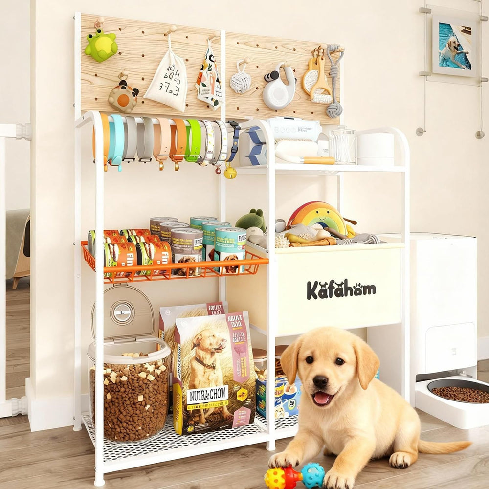 KAFAHOM dog toy basket with pegboard top organizing leashes and toys