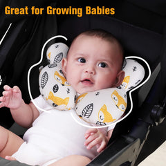 KAKIBLIN Yellow Fox pillow in stroller as a compact travel companion