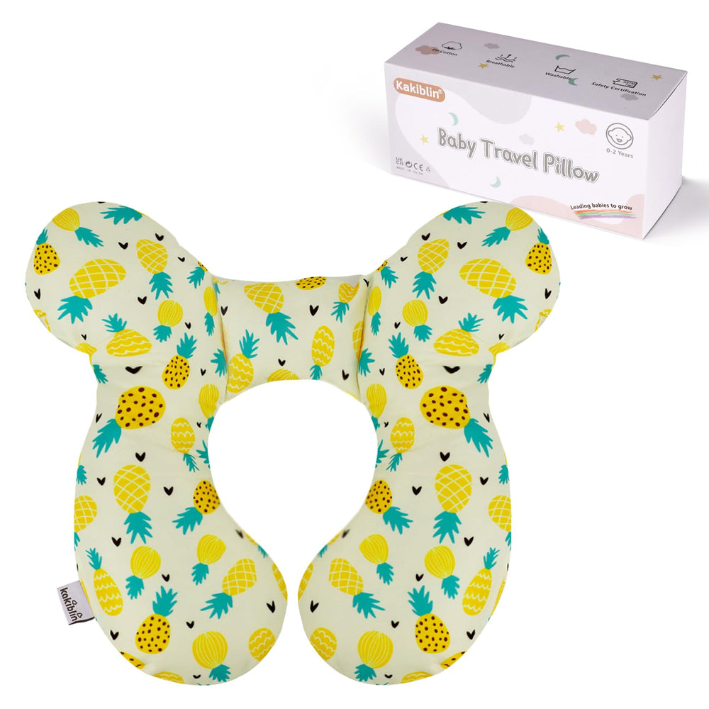 KAKIBLIN baby travel pillow front view in pineapple color supports head and neck on the go.