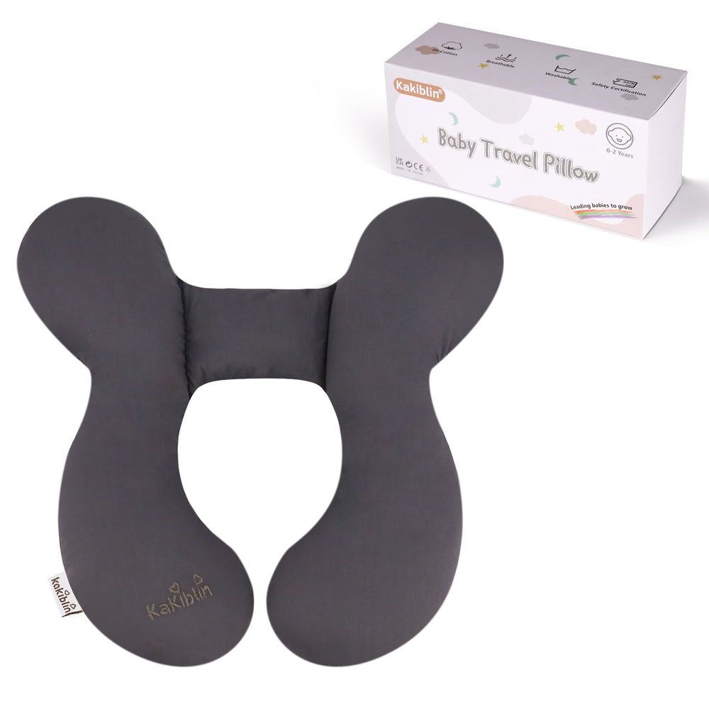 KAKIBLIN baby travel pillow grey cover provides gentle head support on the go.