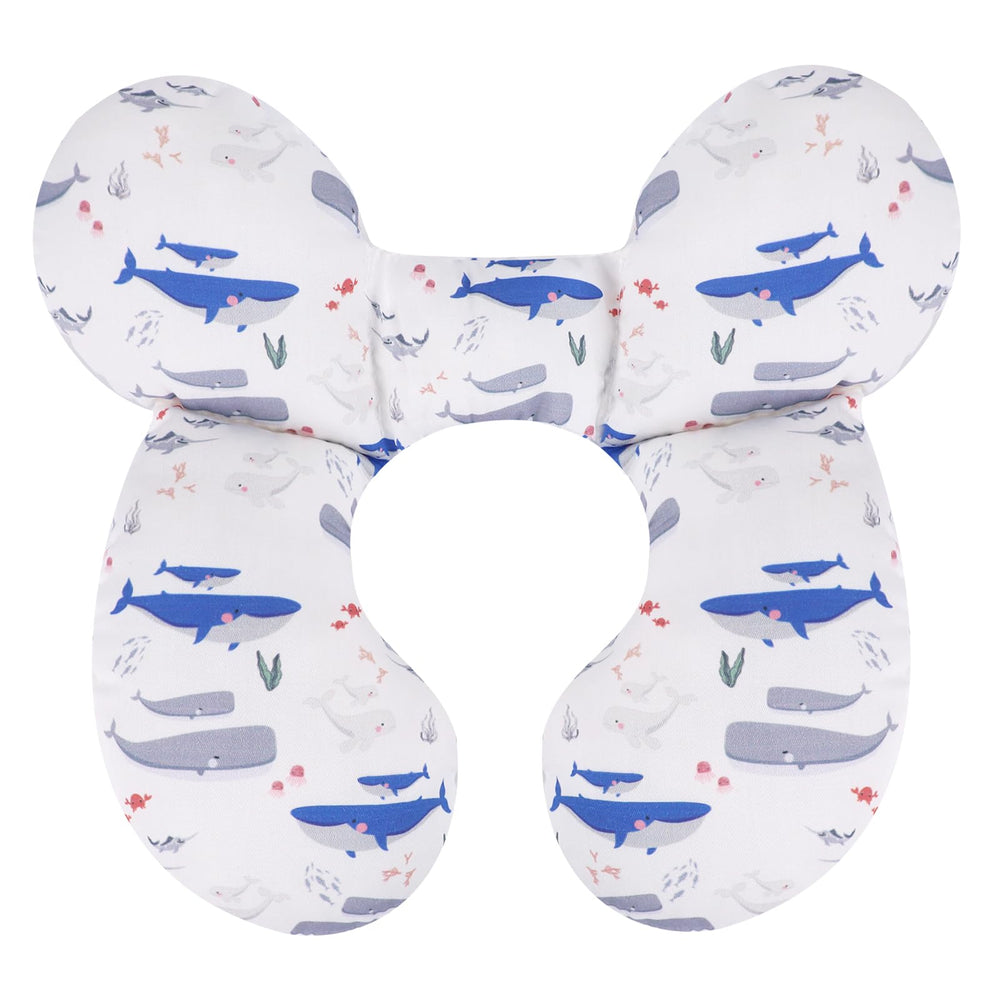 KAKIBLIN Whale front view baby travel pillow supports head and neck in car seats.
