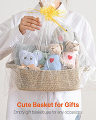 KALLAX small woven basket towel organizer on a linen shelf.