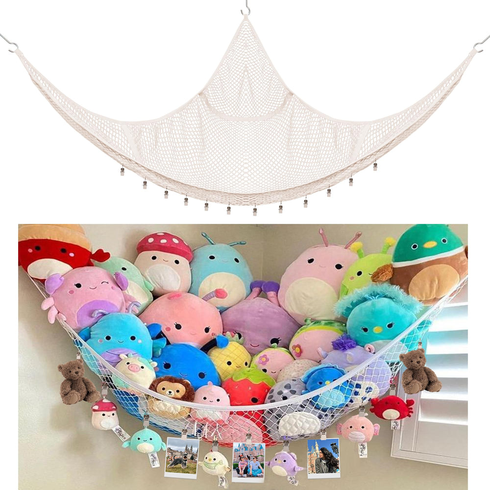 Kangaroo stuffed animal hammock corner setup keeps plushies tidy and accessible.