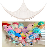 Kangaroo stuffed animal hammock corner setup keeps plushies tidy and accessible.