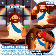 Blue-lit Jesus Night Light creates calming atmosphere for bedtime prayers.