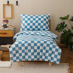 KAREVER Grid toddler comforter in blue-white checkered fabric, soft microfiber for all-season warmth