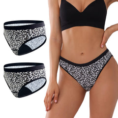 KARSWATT leopard bikini absorbent underwear shown for discreet leak protection.